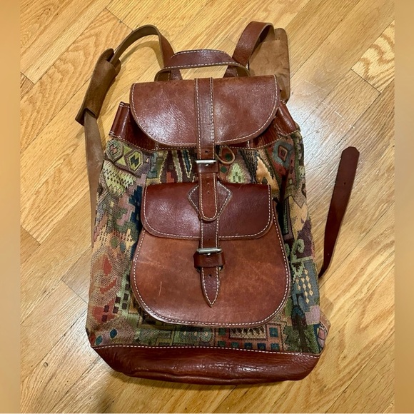 Handbags - Vintage Leather and Patterned Fabric Backpack